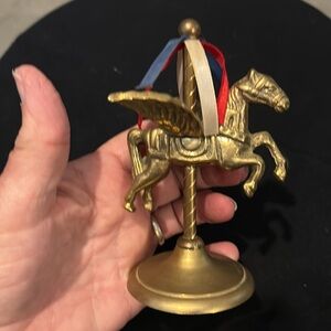Vintage solid Brass Carousel winged Horse red white and blue Ribbon Top